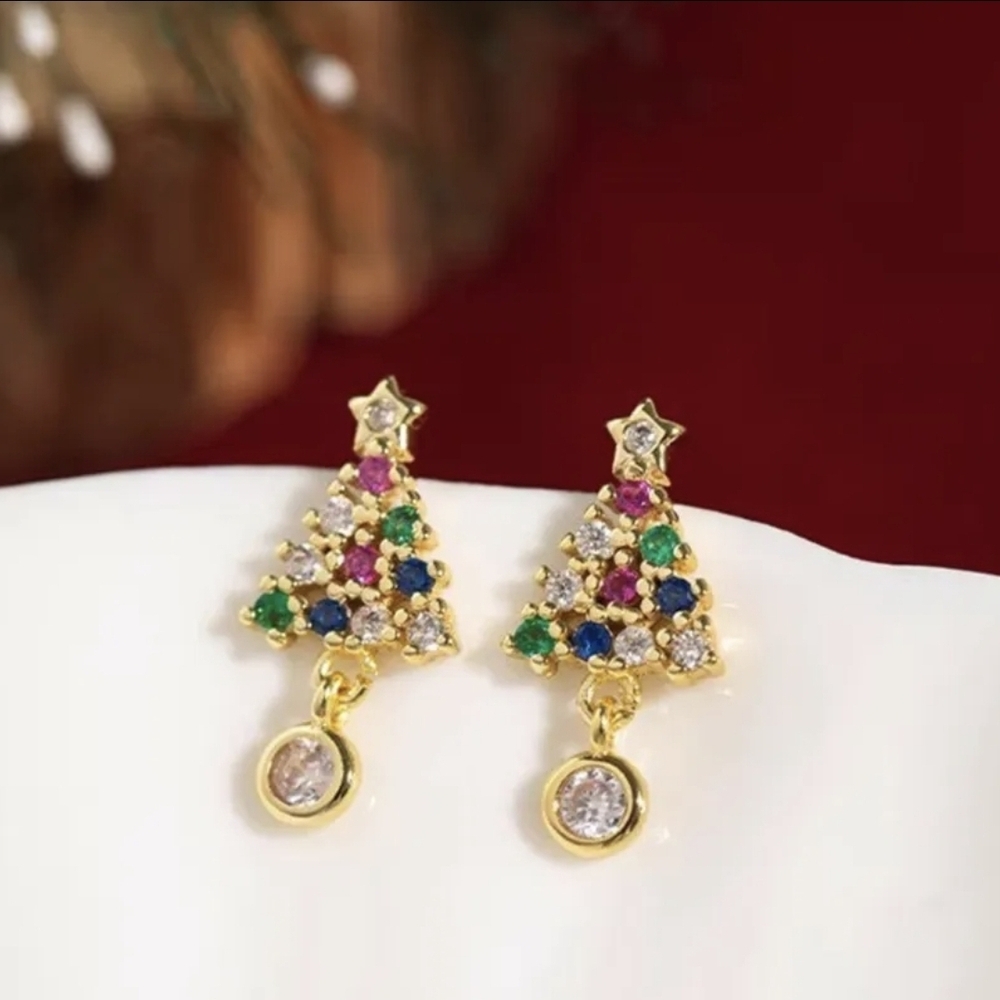 🎁🎁Festive Gold Tree Earrings with Colorful Stones